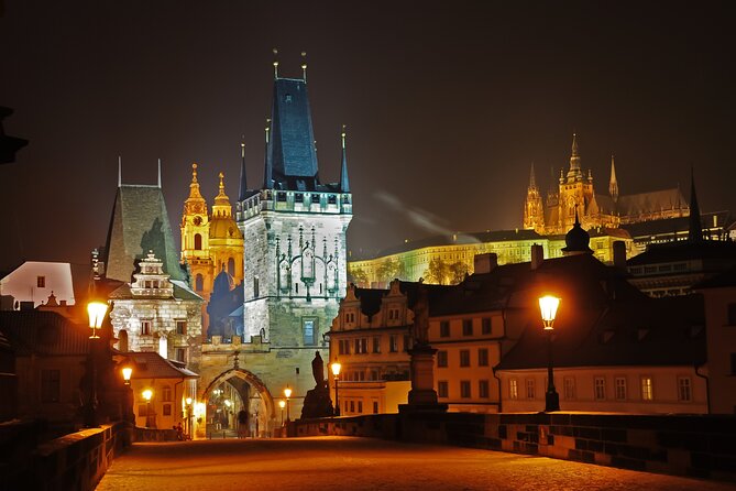 Evening View Walk in Prague - Charles Bridge at dusk, with Prague Castle framed from the river