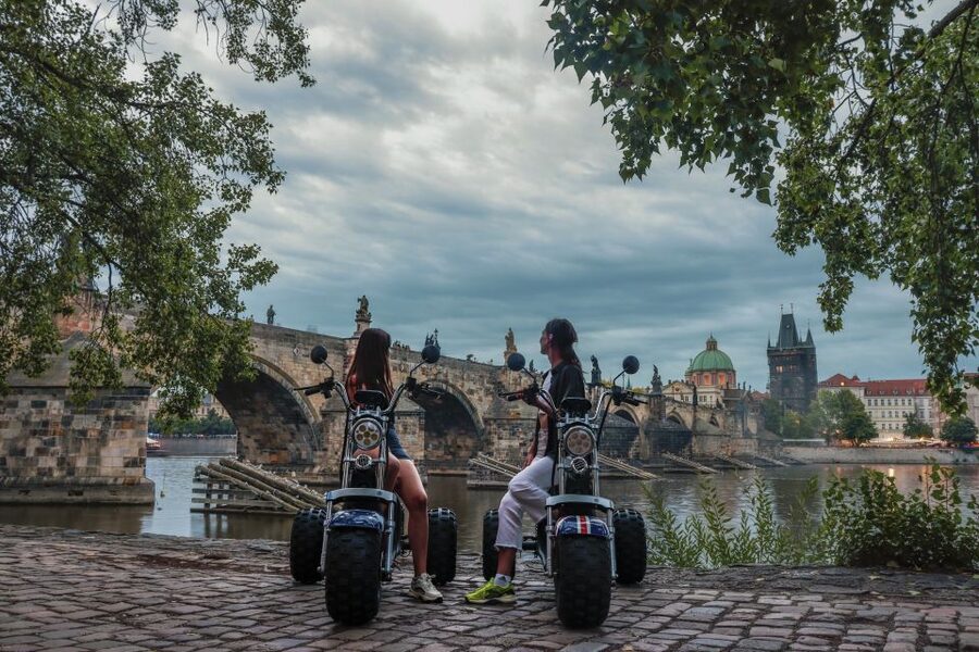 Prague City sightseeing in Night Trike Tour - Stop 1 to Letná Park: Wenceslas Square, Powder Tower, and the first big skyline moments